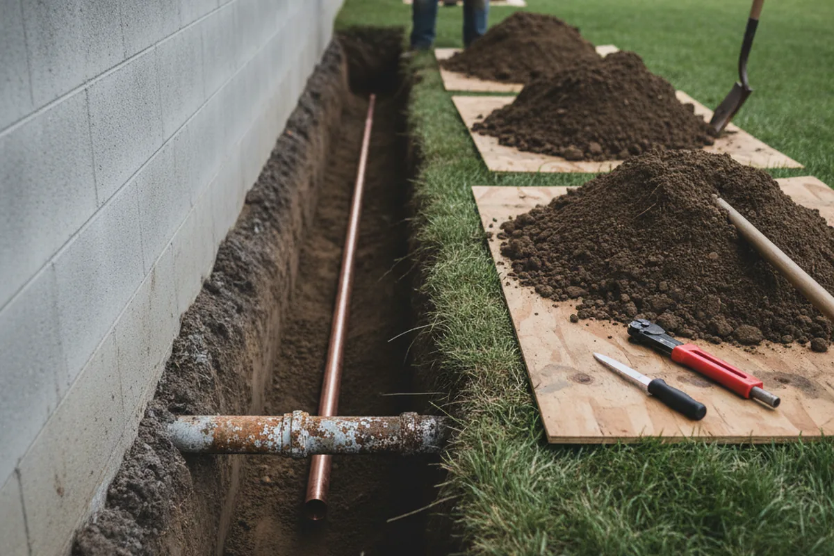 Excavated water line trench during Sewer Line Repair in Albrightsville